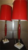 Fun Slim Red Lamps - 60.00 for the pair : Cute Slim Red Lamps. Plastic and marble base with fun red shades in good condition. Fun Slim Red Lamps - 60.00 for the pair